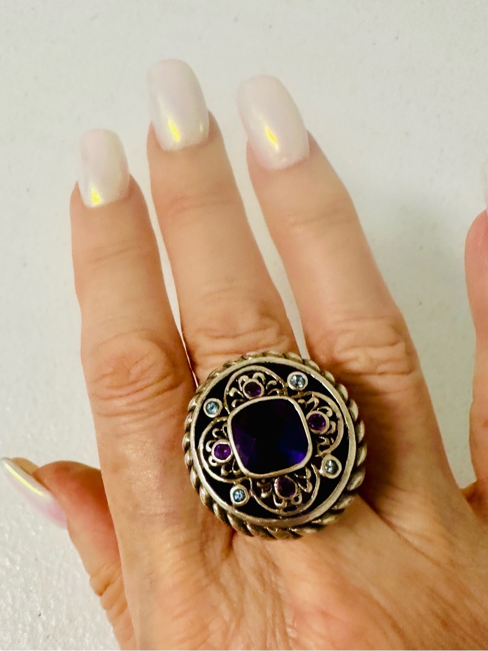 Vintage-Inspired Silver Ring with Deep Purple (Amethyst?)Stone - Women Jewelry